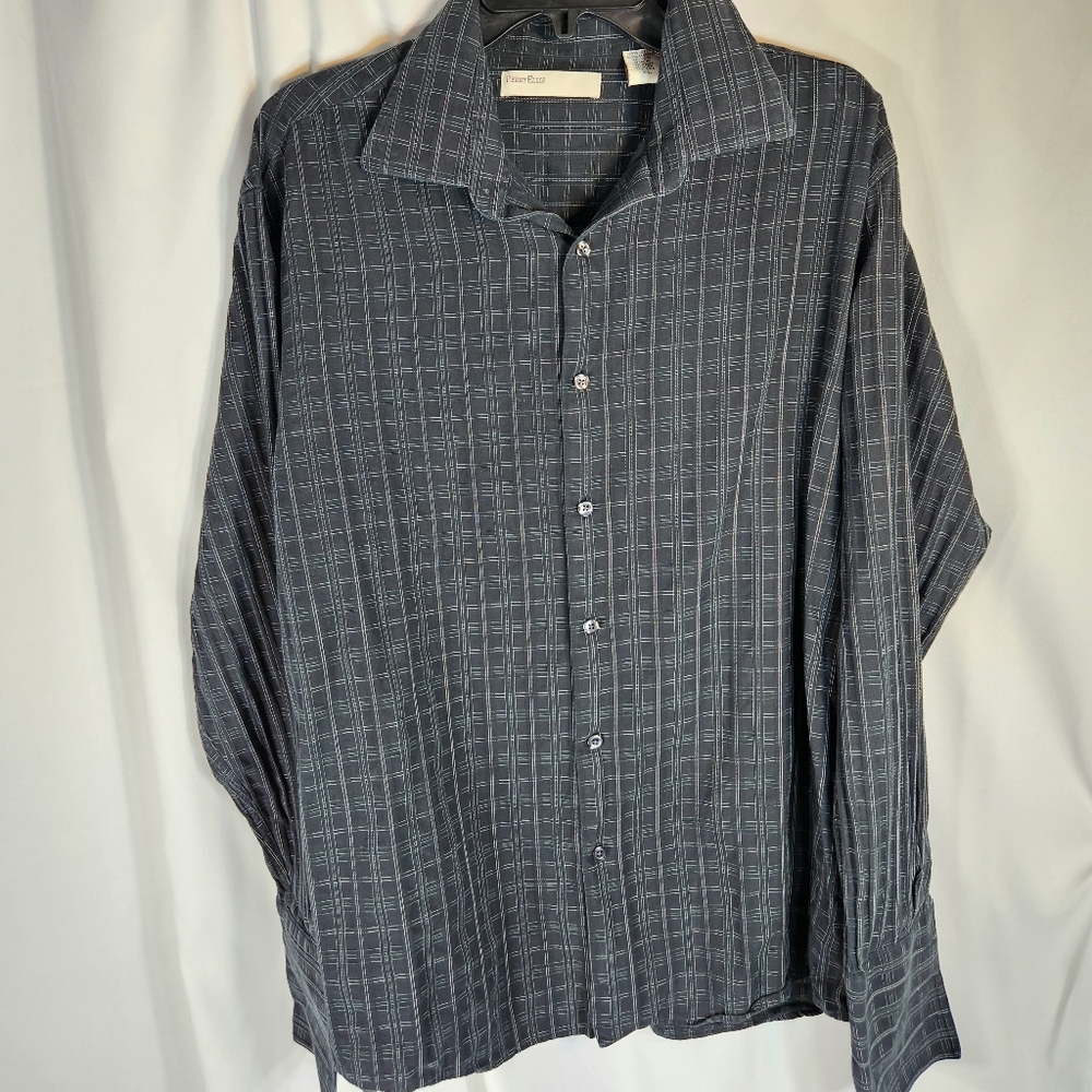 Perry Ellis Black w/ White Patterned Button Down Shirt Open Cuffs Size XLarge